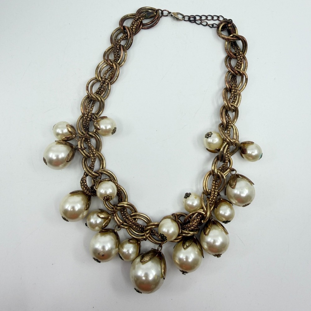 Gold Tone Faux Pearl Cluster Necklace - Boho Chunky Layering Statement - Picture 11 of 13